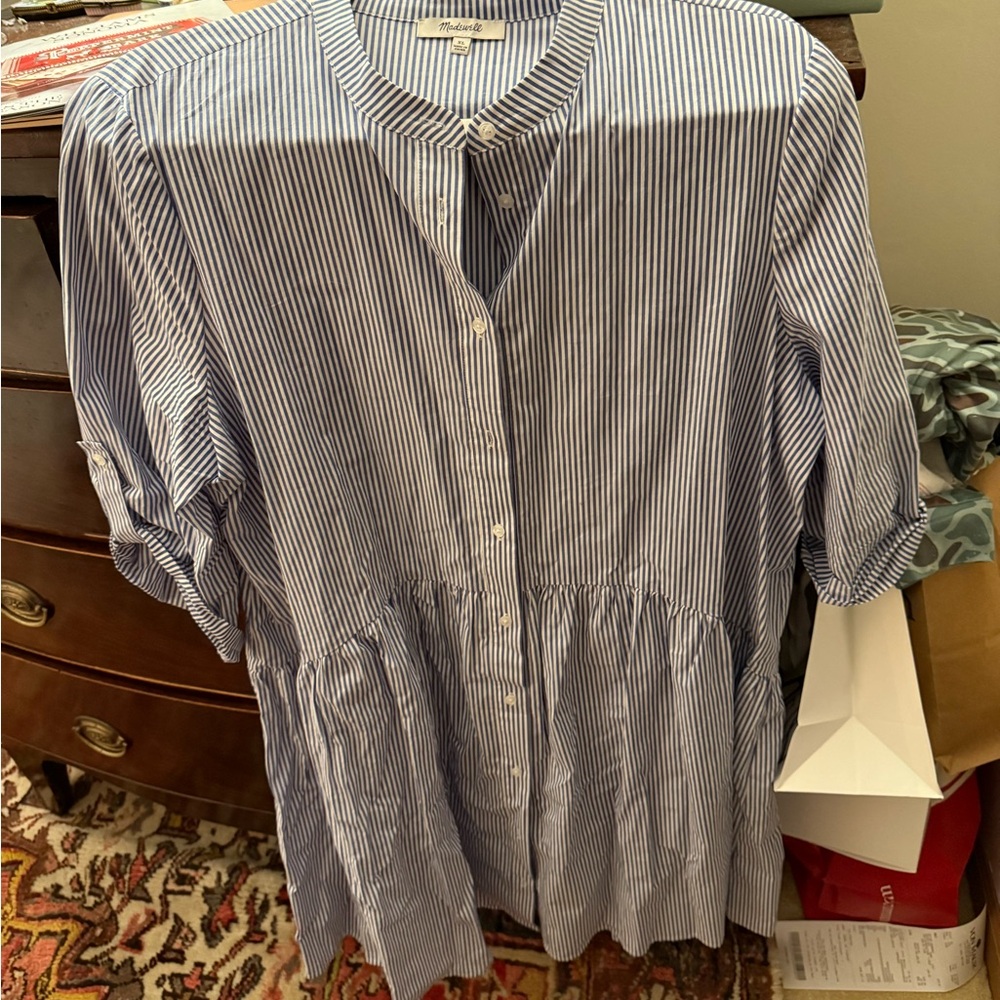 MADEWELL Blue Mandarin Puff Sleeve Button Down Shirt